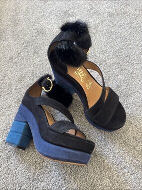 Salvatore Ferragamo Black and Navy Suede Platform Sandals with Pom Pom